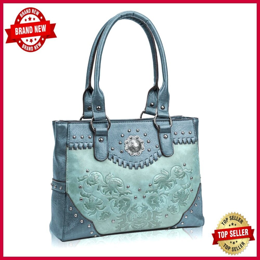 Large Faux Leather Tote Bag with Western Studs and Adjustable Shoulder Strap